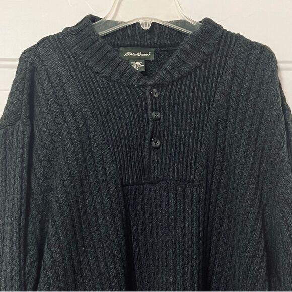 Vtg 80s 90s Eddie Bauer Grandpa Gray 1/4 Button 100% Cotton Oversize Sweater XLT - Picture 2 of 10